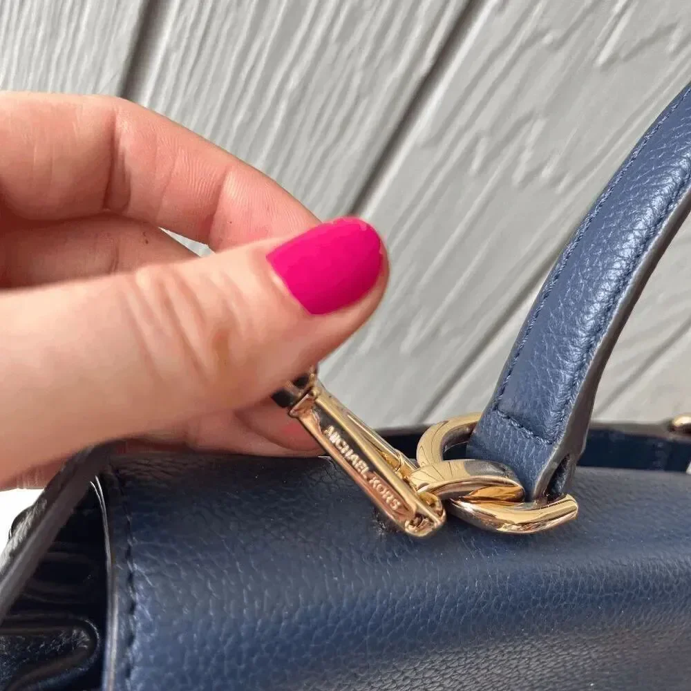 Michael Kors Navy Leather Satchel Crossbody Bag Gold Hardware Top Handle